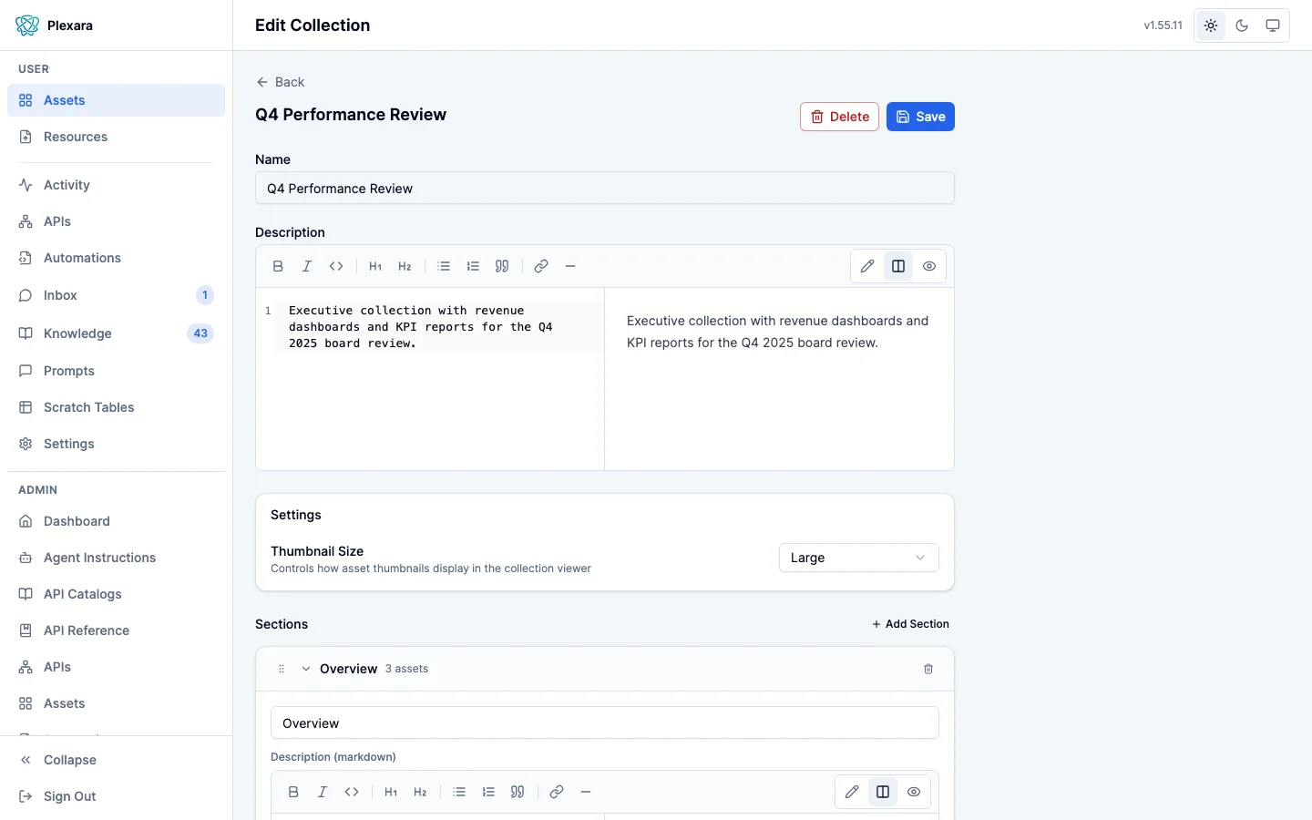 Collection editor with drag-and-drop sections, markdown descriptions, and thumbnail size settings