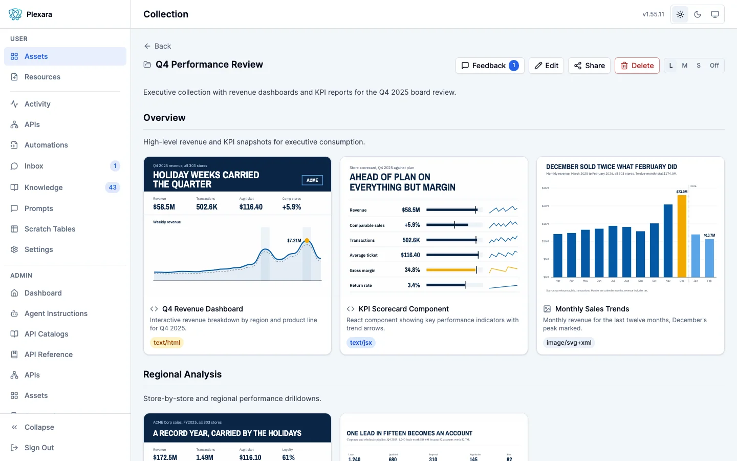 Collection viewer showing sectioned assets with descriptions and thumbnails