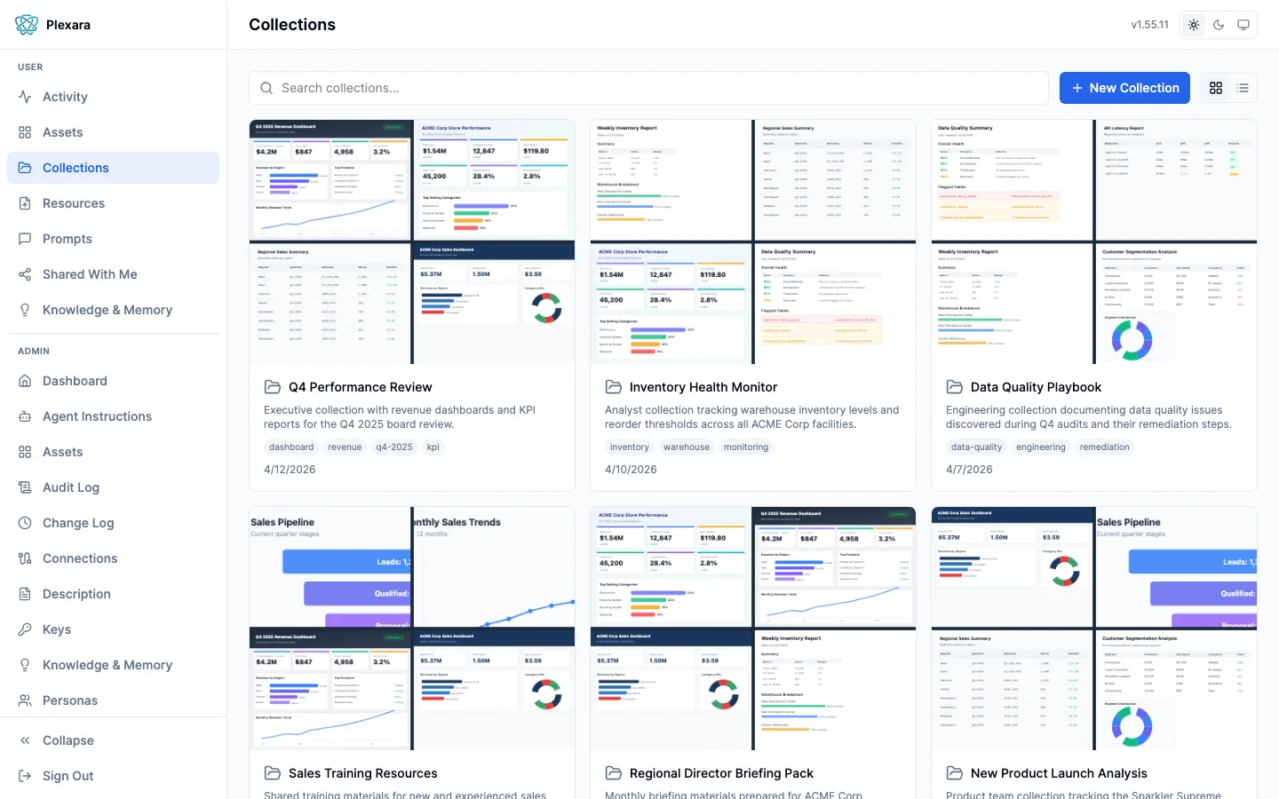 Collections grid showing curated groups of assets with mosaic thumbnails
