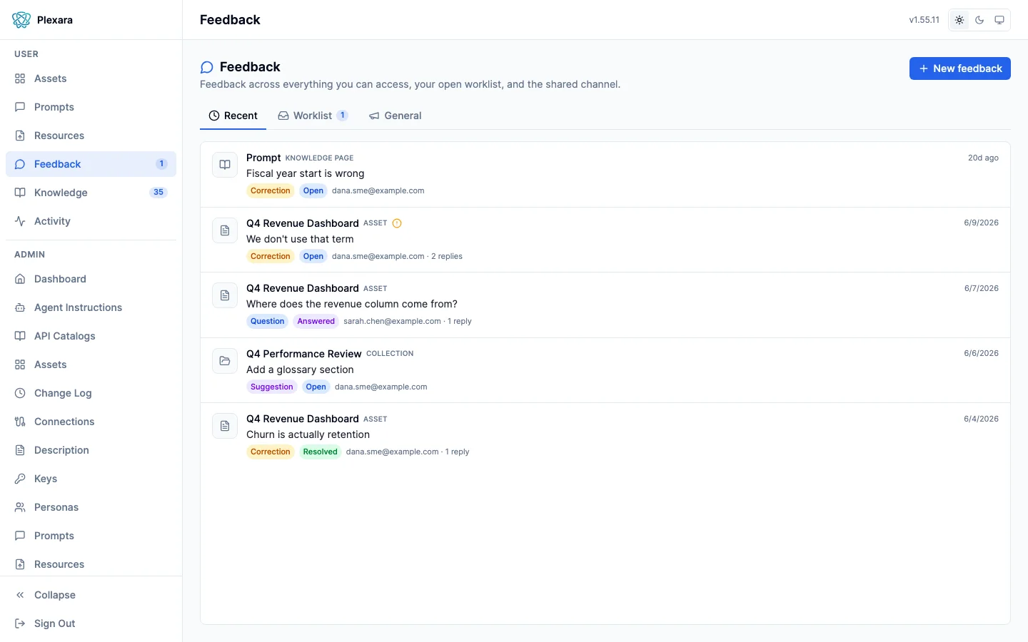 Feedback hub listing threads across assets, collections, and prompts with status