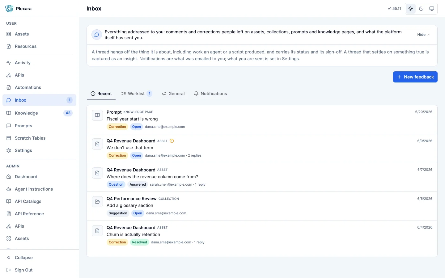 Inbox with Recent, Worklist, General, and Notifications tabs and a New feedback button, listing threads on a knowledge page, assets, and a collection with their kind, status, author, and reply count