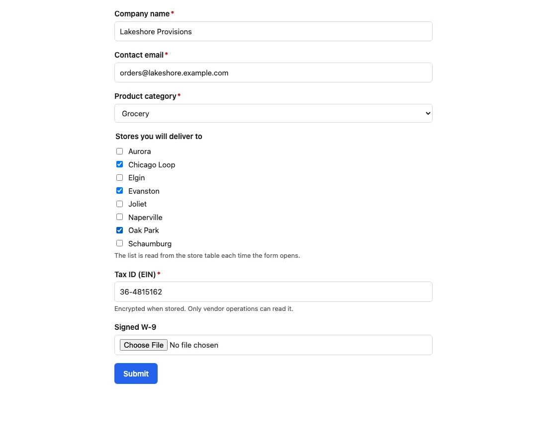 A hosted form page, partly filled: required company name, contact email and product category, a list of stores to deliver to read from the store table, a required tax ID marked as encrypted when stored, a file field for a signed W-9, and a Submit button.