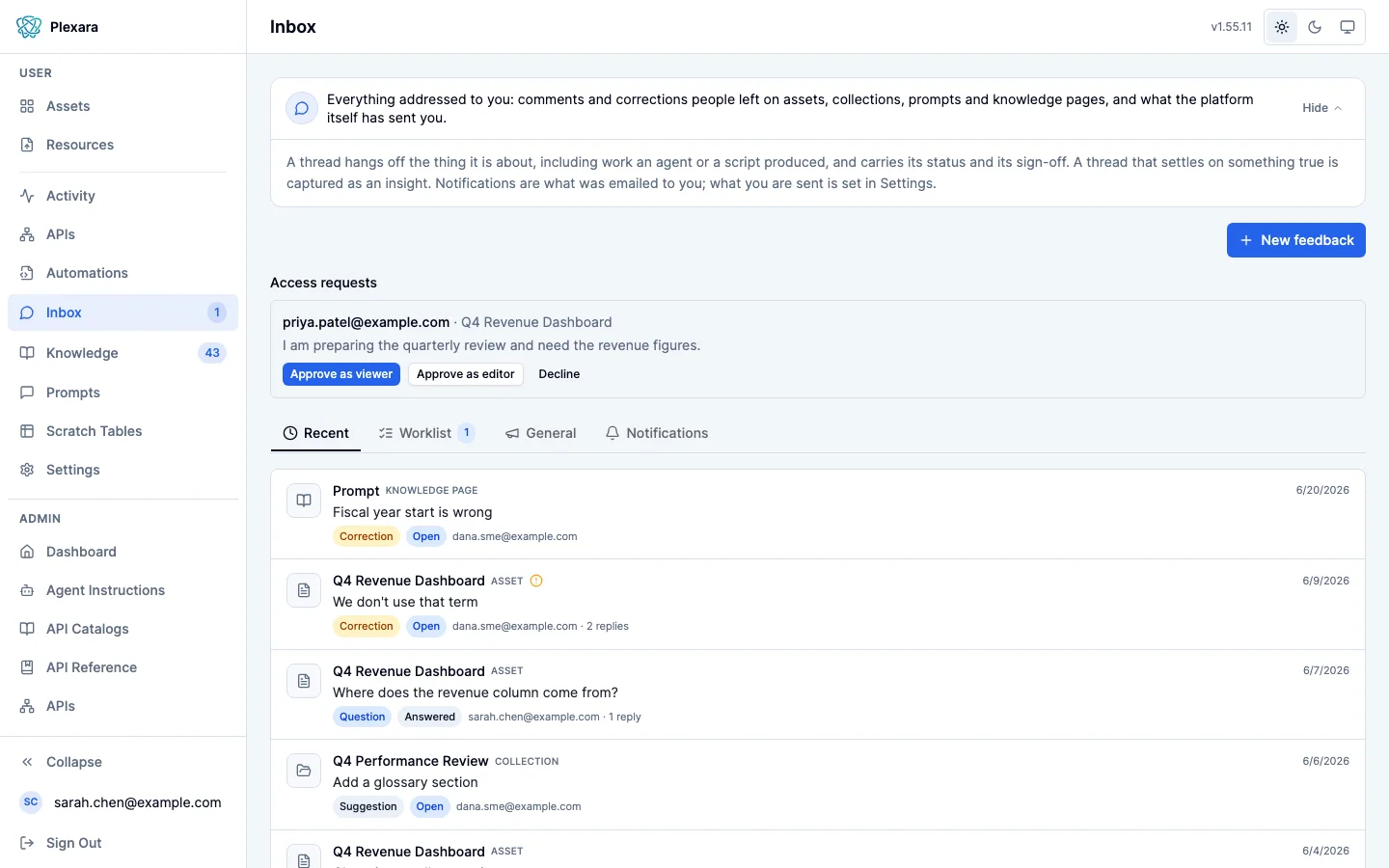 The owner's Inbox with an Access requests block above the threads: one request naming who asked, the item, and their message, with Approve as viewer, Approve as editor and Decline.