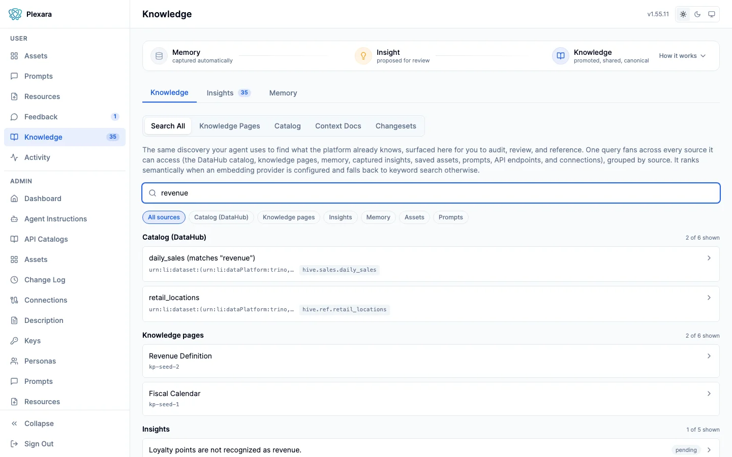 Unified search across catalog, knowledge pages, memory, insights, assets, prompts, and connections