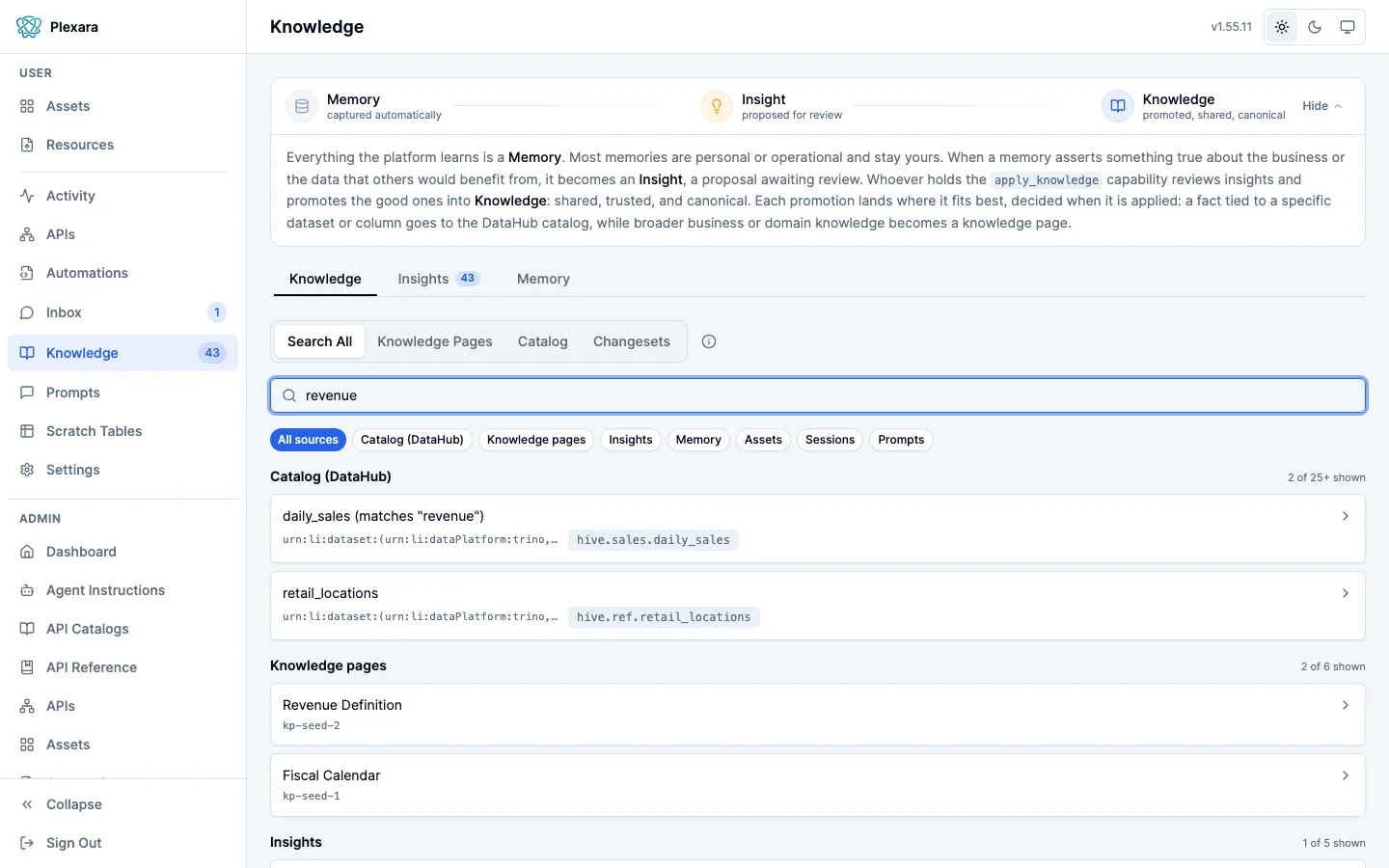 The portal’s Knowledge section on the Knowledge tab, listing canonical knowledge pages with their titles, summaries, tags, and the references each page cites.