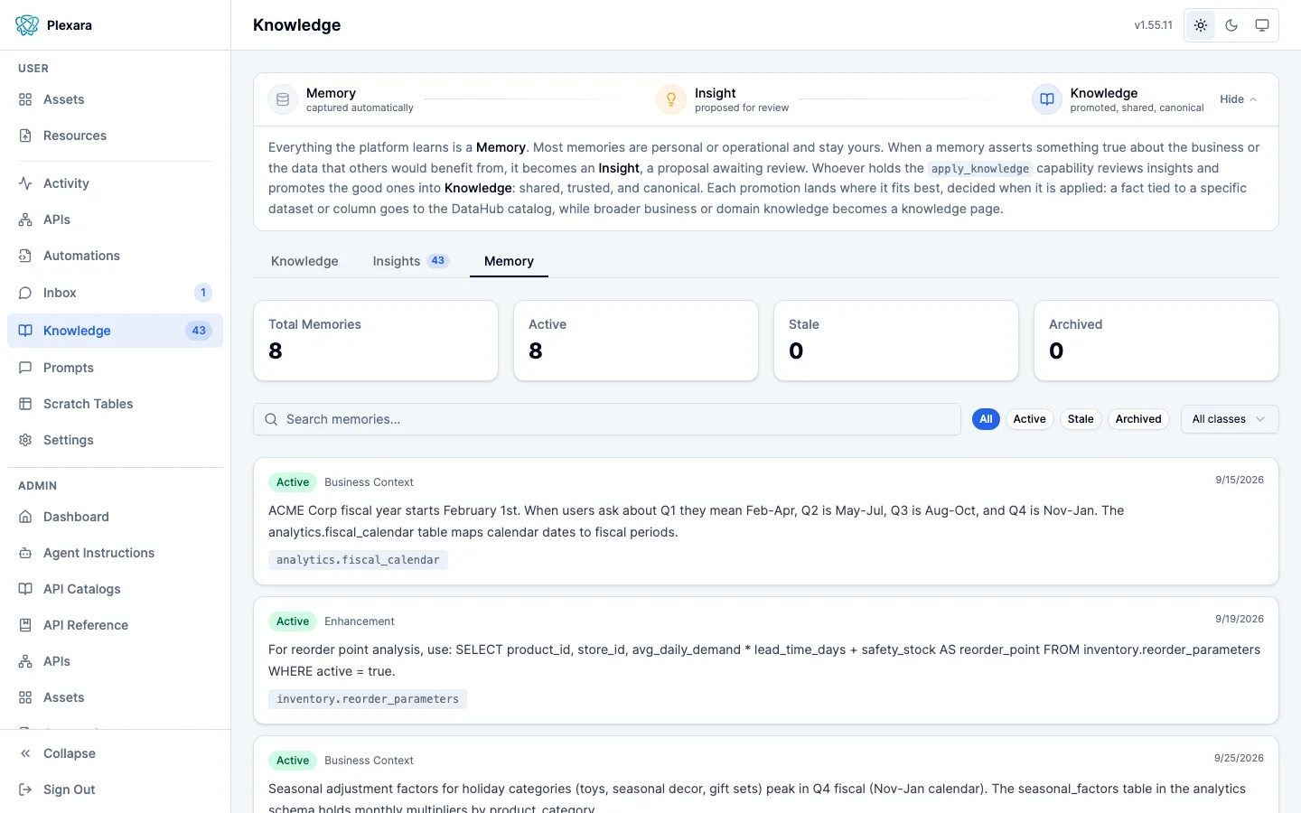 The portal’s Knowledge section on the Memory tab, listing captured memories with their type, confidence, and the session that recorded each one.