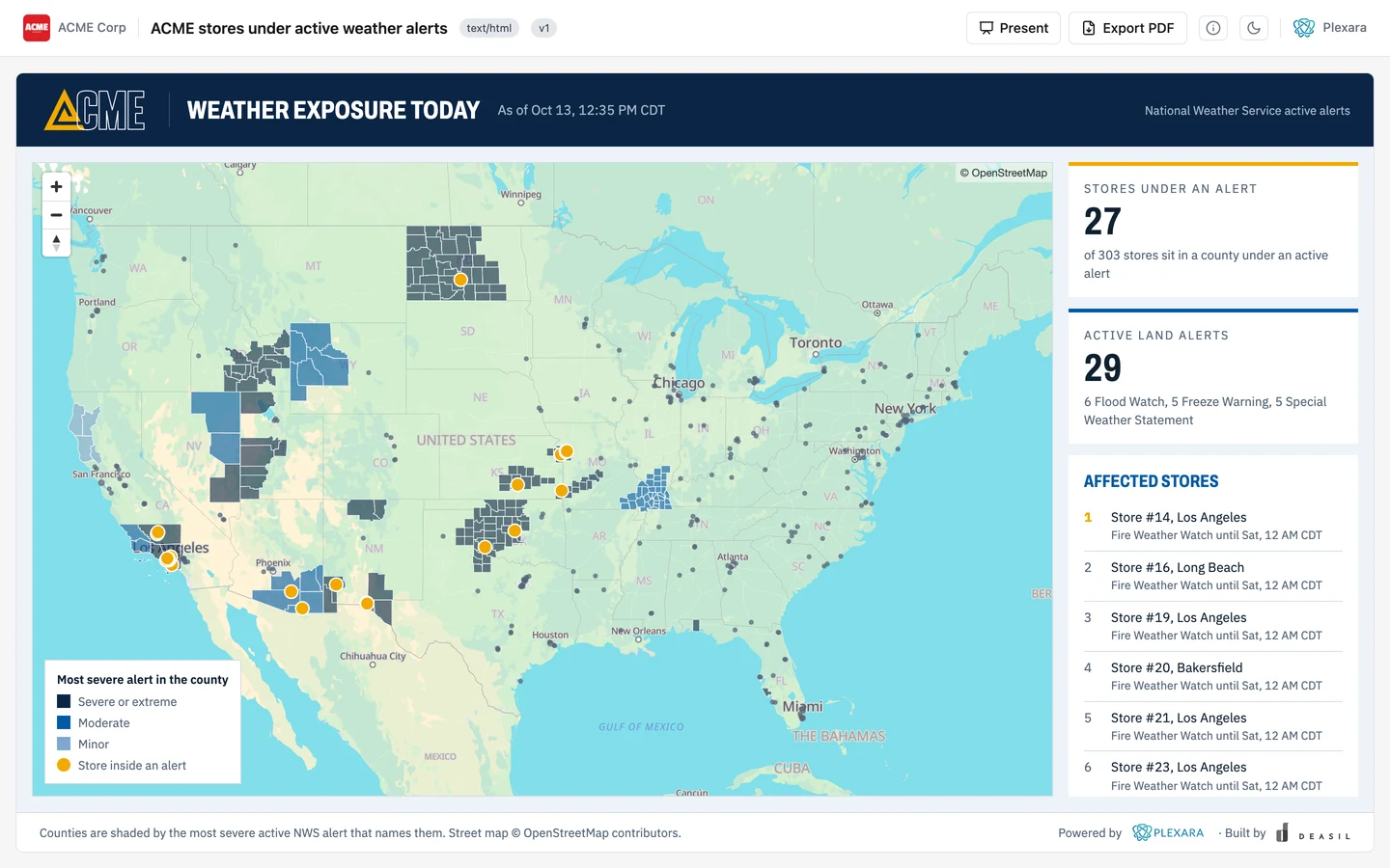 A map of counties under active National Weather Service alerts, shaded by severity, with 27 ACME stores inside an alert marked in amber and listed with the alert and its end time, as of October 13 at 12:35 PM CDT