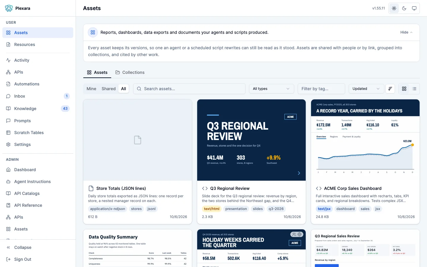 Assets page with Mine, Shared, and All scopes, search, type and tag filters, a sort control, a grid or list toggle, and a grid of preview thumbnails including a slide deck and a dashboard
