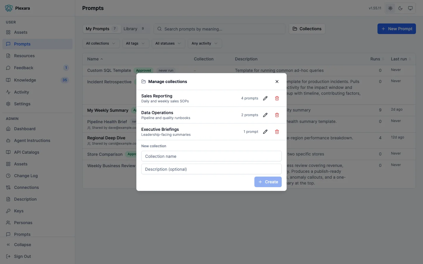 Prompt collections manager listing named groups with descriptions and prompt counts