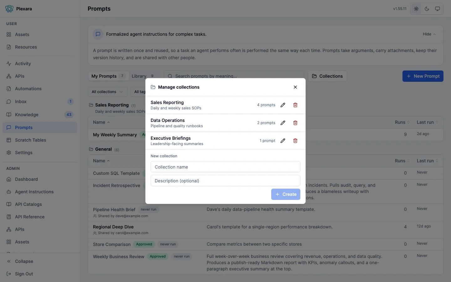 Prompt collections manager listing named groups with descriptions and prompt counts