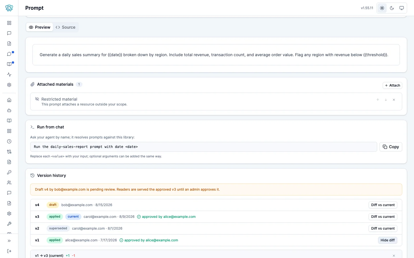 The lower half of a prompt page showing the prompt content, one attached material, a Run from chat box, and a Version history panel with a notice that draft v4 is pending review while readers get approved v3, four version rows with draft, applied, current, and superseded badges and approver names, and Diff vs current buttons with one diff open.