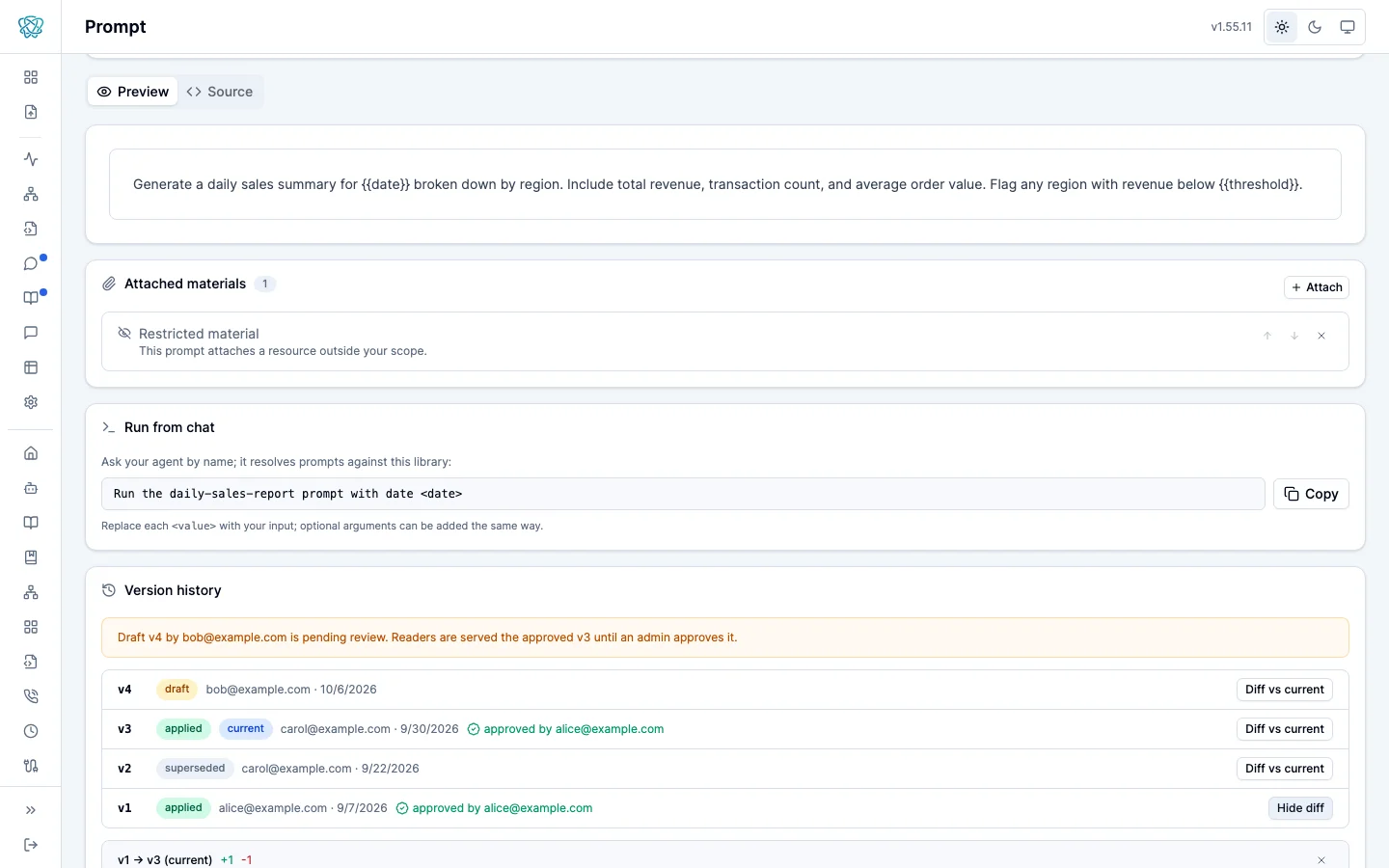 Prompt version history with per-version approval provenance, a pending-draft banner, and an expanded line diff