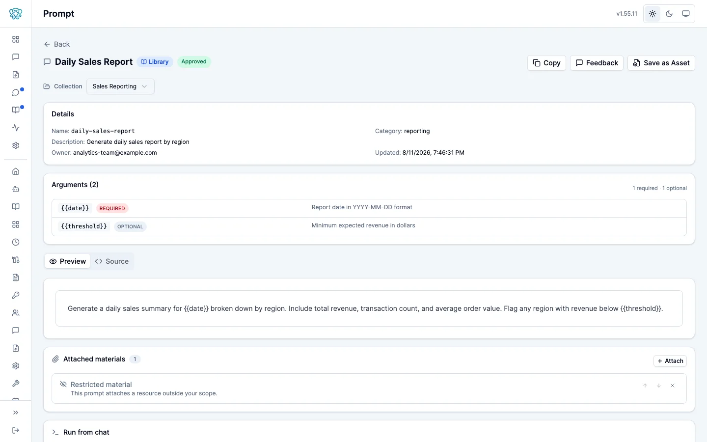 A prompt page for Daily Sales Report tagged Library and Approved, showing a Details card, an Arguments panel with a required {{date}} and an optional {{threshold}}, the prompt content under Preview, one attached material marked restricted, and Copy, Feedback, and Save as Asset buttons.