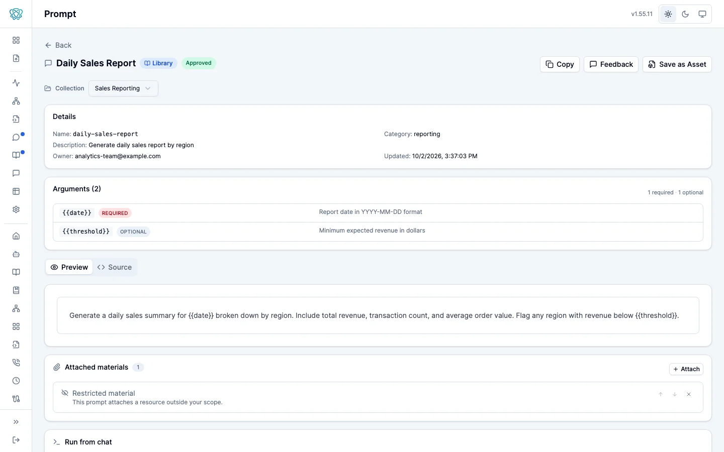 Prompt page with details, a typed arguments table, rendered content, attached materials, and run-from-chat