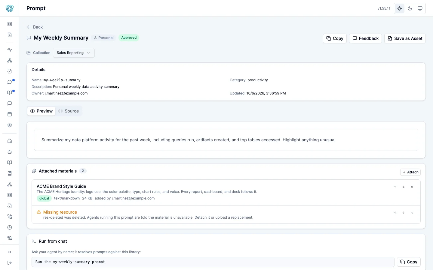 A prompt’s page in the portal, with its details, arguments, and content.