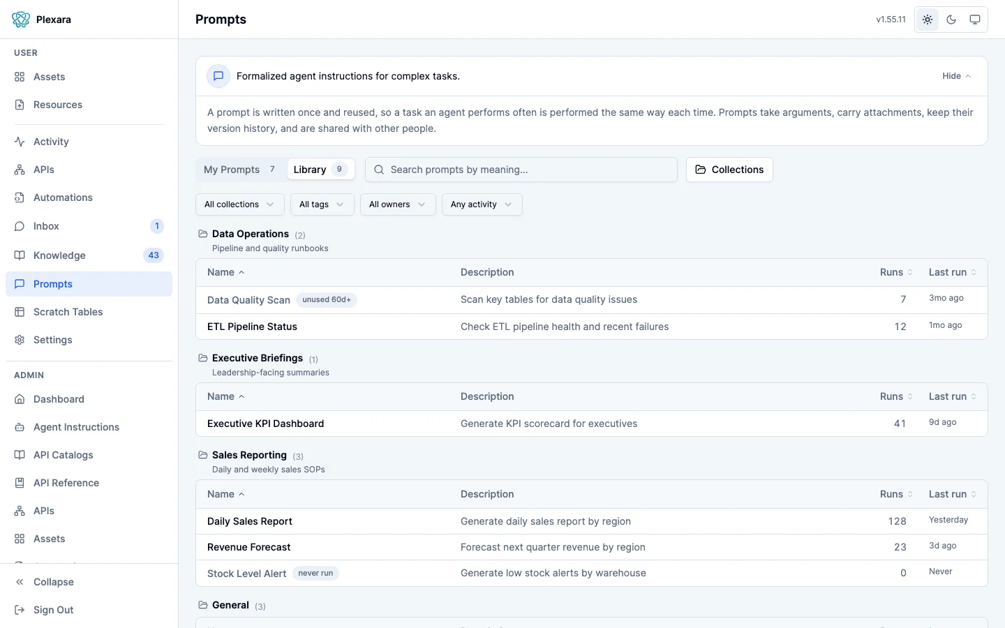 Prompt library grouped into collections with run counts, last-run ages, and never-run and unused badges