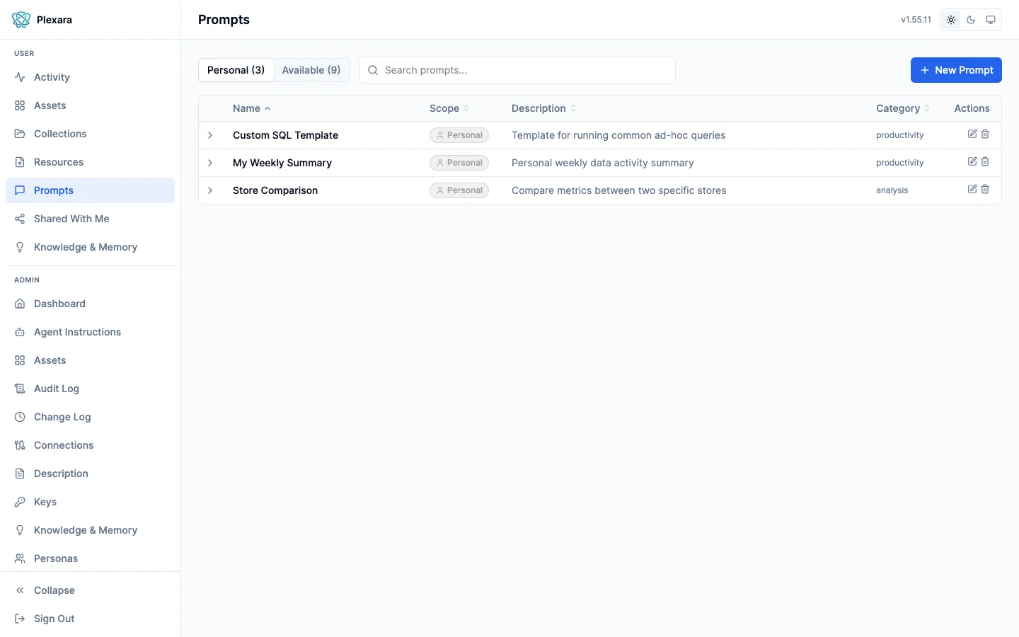 User prompts surface with runnable templates and argument forms