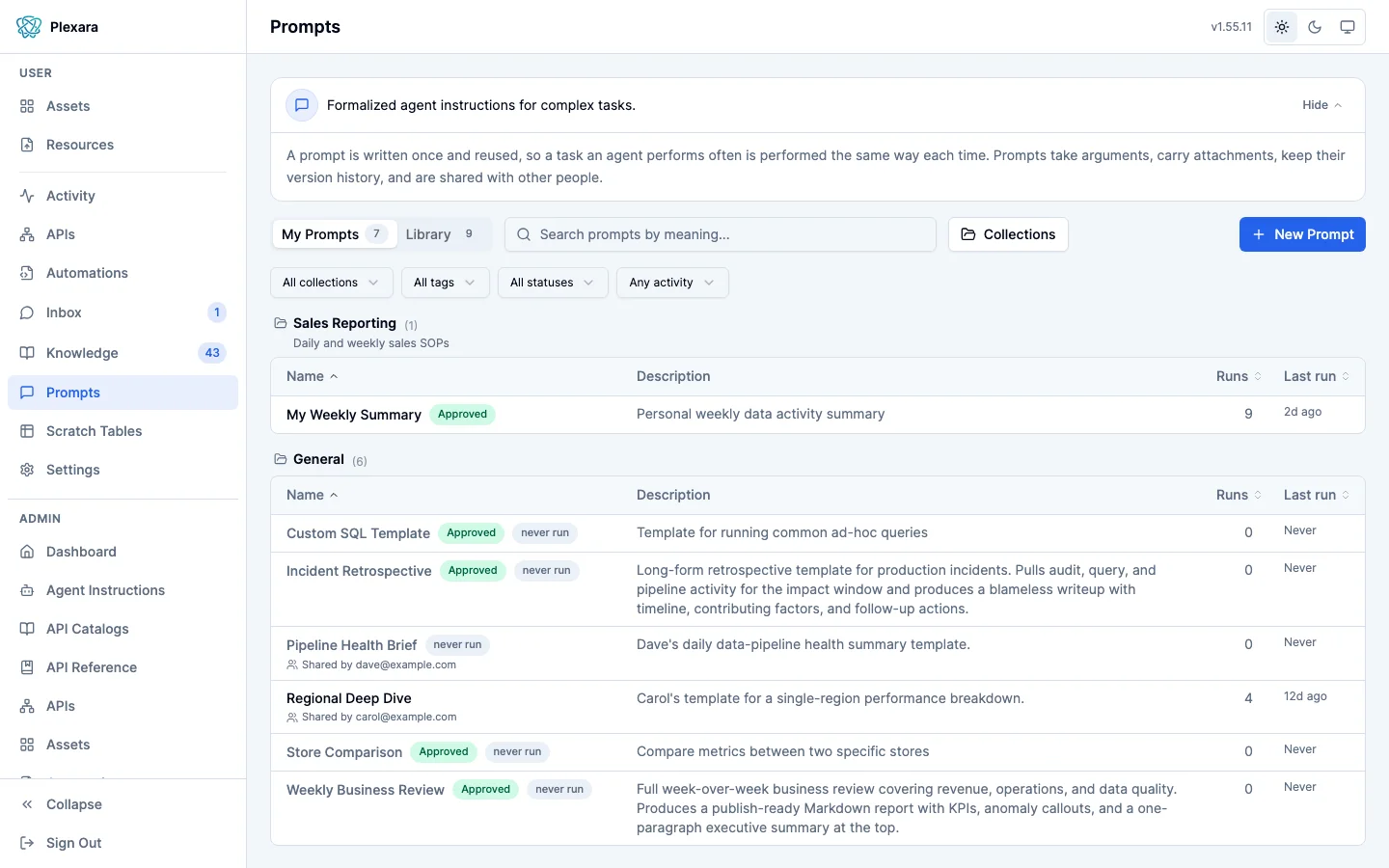 Prompts page showing the My Prompts bucket with scope badges and shared-by attribution