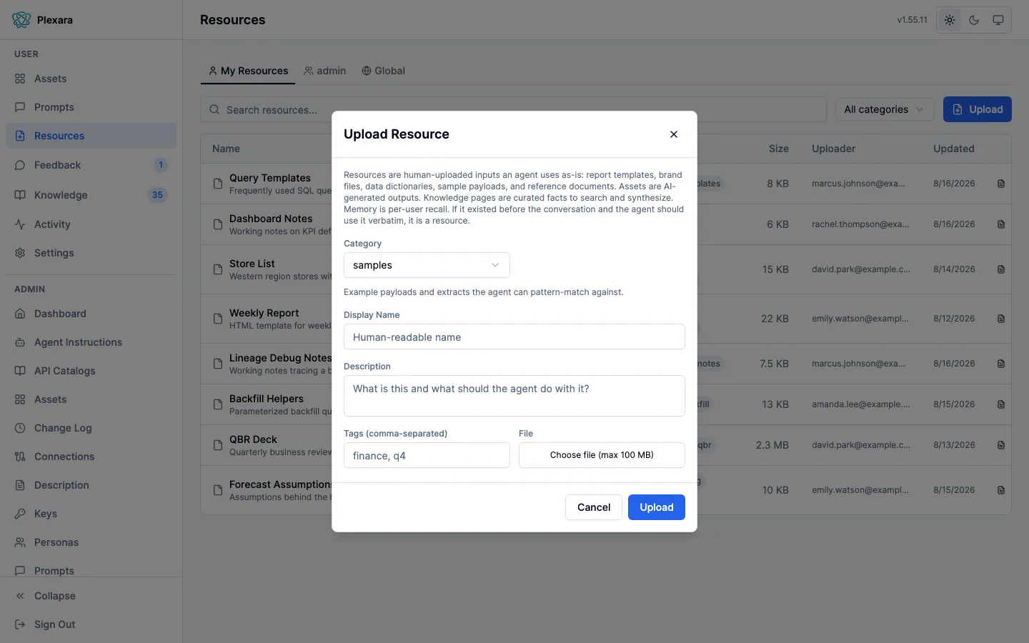 The Upload dialog on the Resources page: a file picker, a category selector, display name, description, and tags fields, with a note stating which library the file will land in and who will see it.