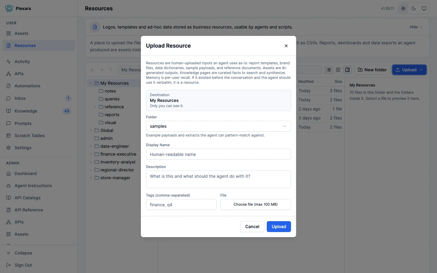 The Upload dialog on the Resources page: a file picker, a category selector, display name, description, and tags fields, with a note stating which library the file will land in and who will see it.