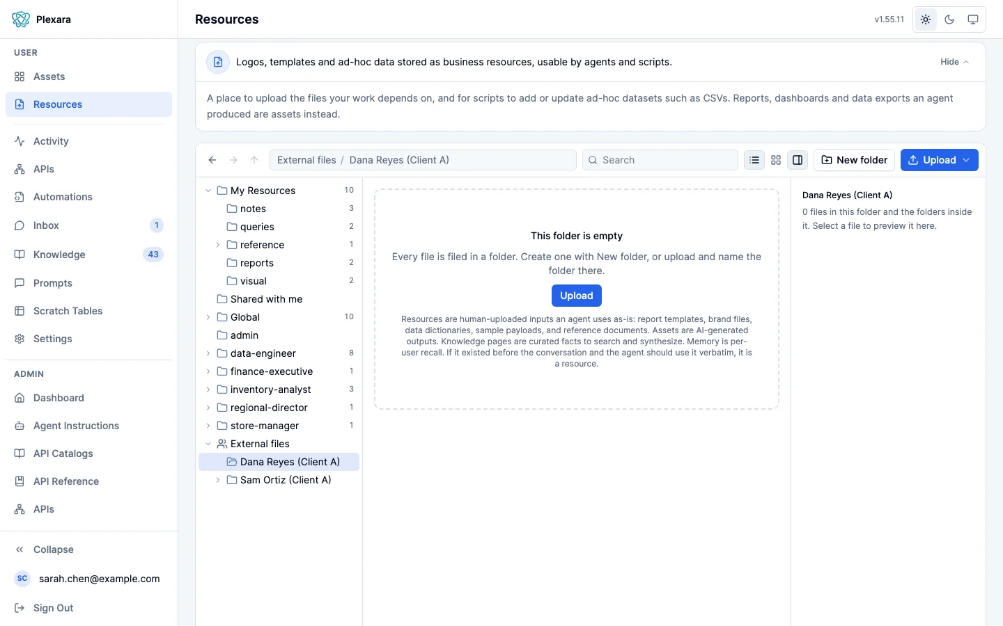 Resources with External files expanded to one folder per external person, each named for the person and their client, one of them open and still empty, with Upload and New folder available to staff.