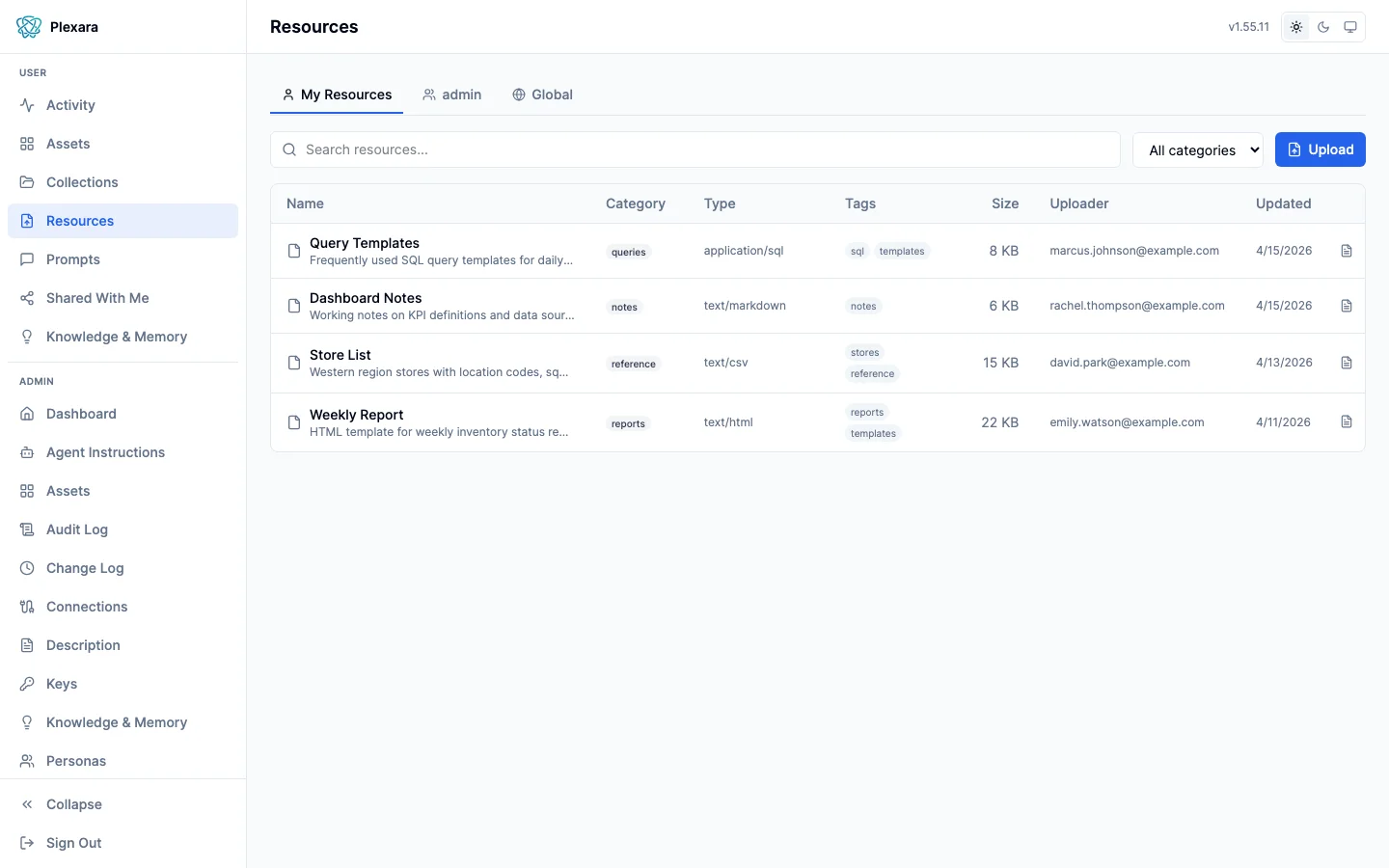 User resources list with discoverable reference materials