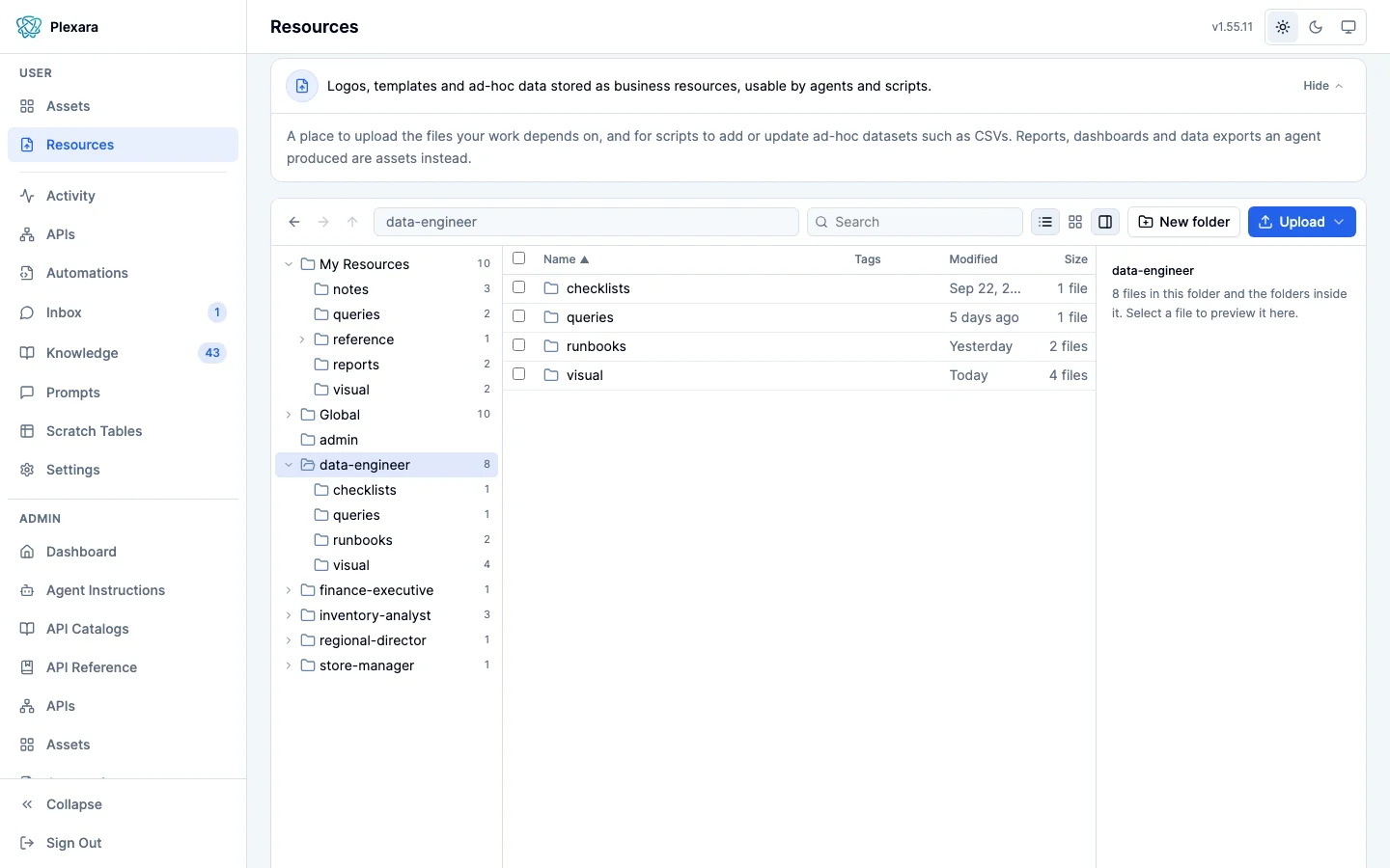 Resources page laid out as a file manager: a folder tree of personal, global, and persona folders, the open folder’s contents with modified dates and sizes, a preview pane, and New folder and Upload controls