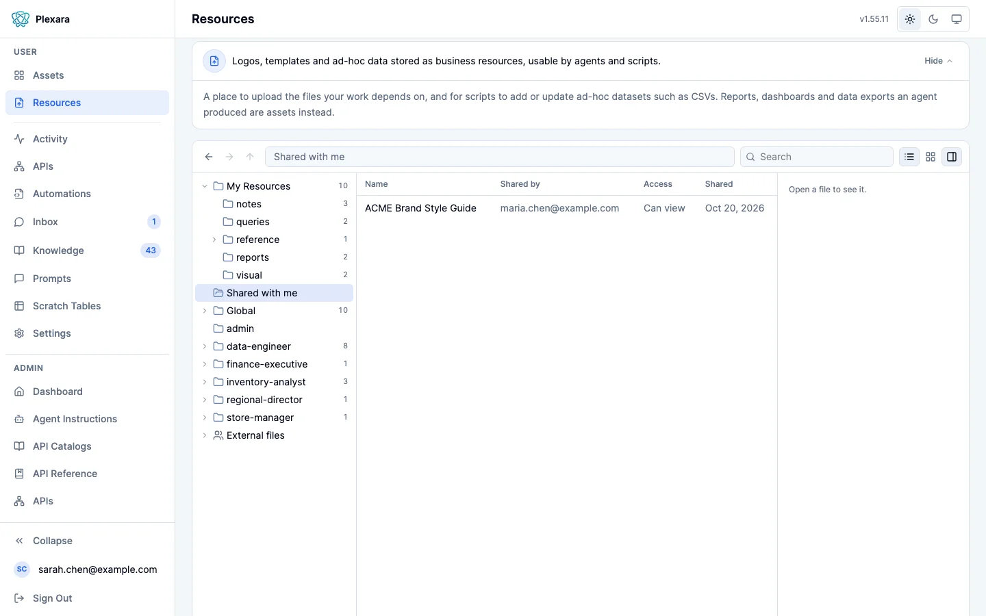 Resources with the Shared with me folder open: one file, who shared it, Can view, and the date it was shared, beside a folder tree with My Resources, Global, persona folders and External files.