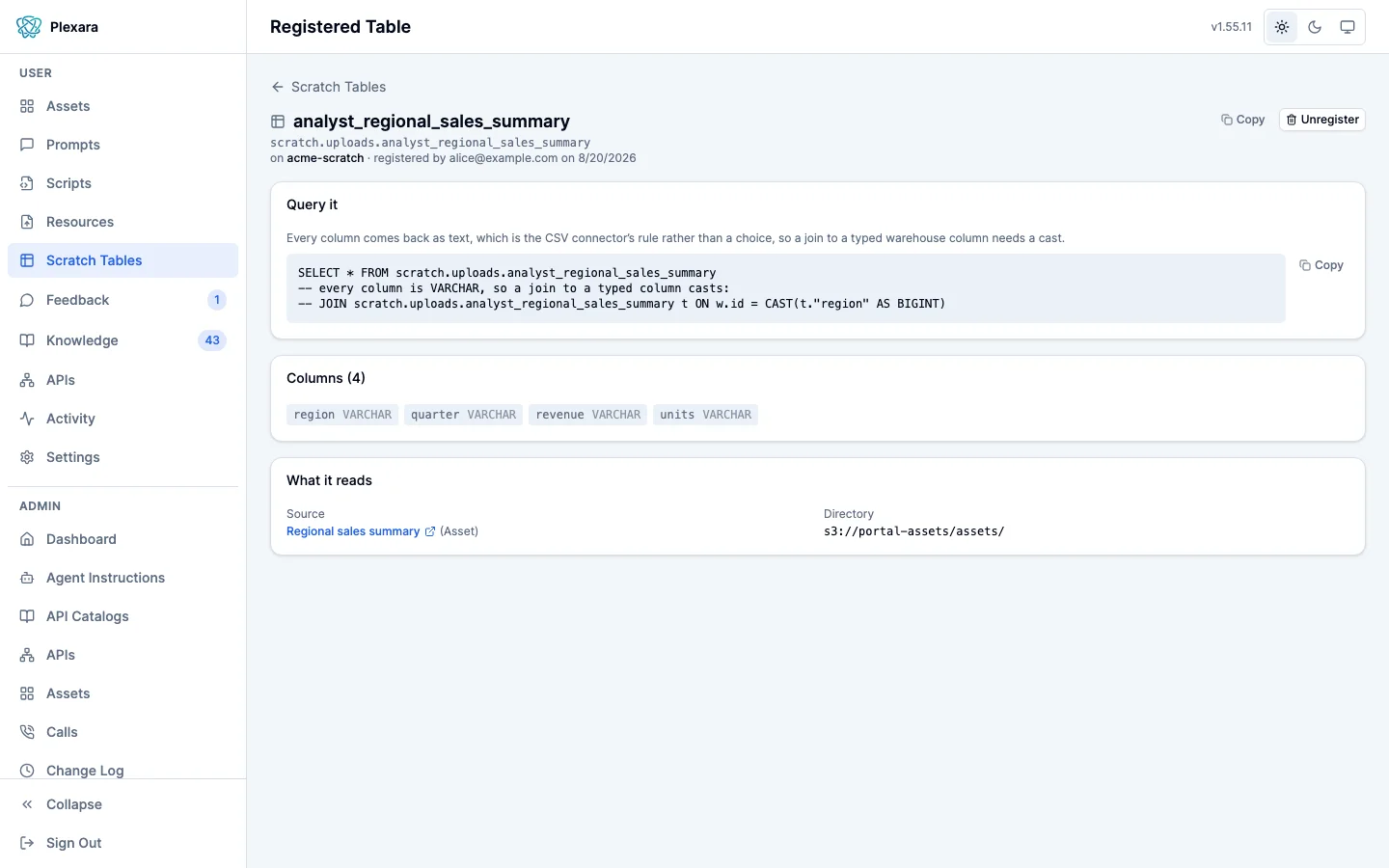 A registered table’s own page: the sample statement with the cast a join needs, the columns with their types, the file the table was built from, and the directory it reads.