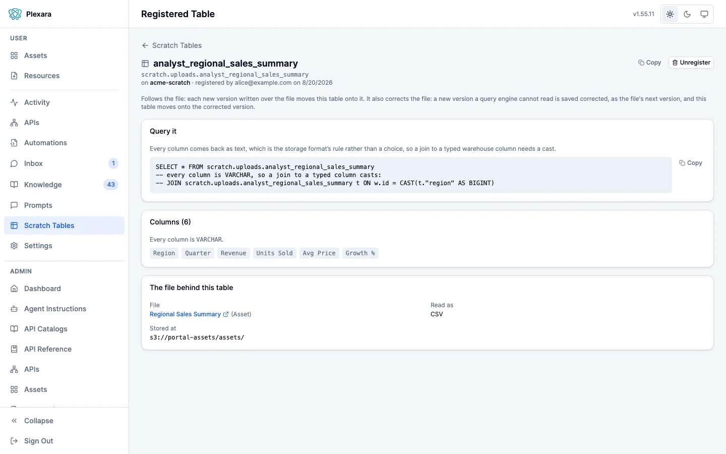A registered table’s own page: the sample statement with the cast a join needs, the columns with their types, the file the table was built from, and the directory it reads.