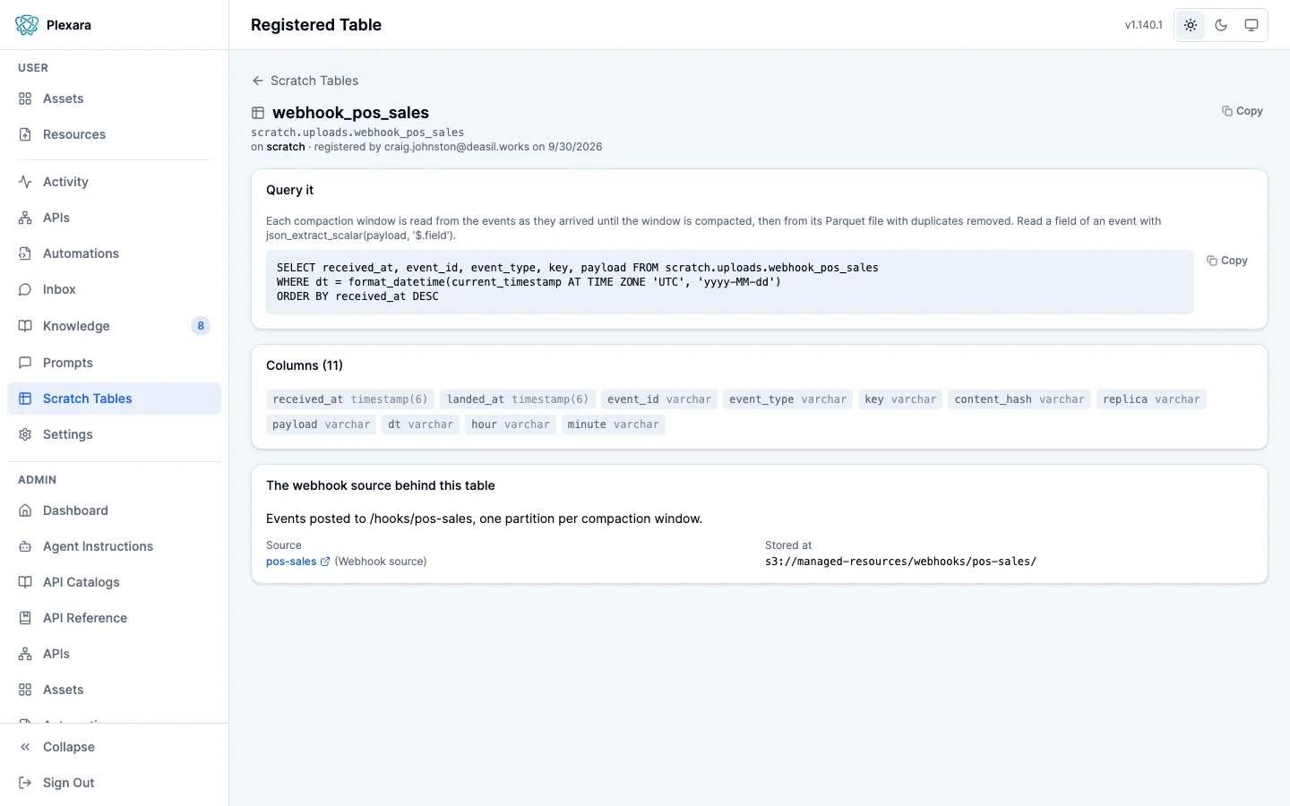 The table page for the ACME demo's pos-sales webhook source in the Plexara portal: a ready query that reads today's events newest first, the eleven columns every event carries including when it was received, its id, its type, its key, and its payload, and a link to the pos-sales source behind the table