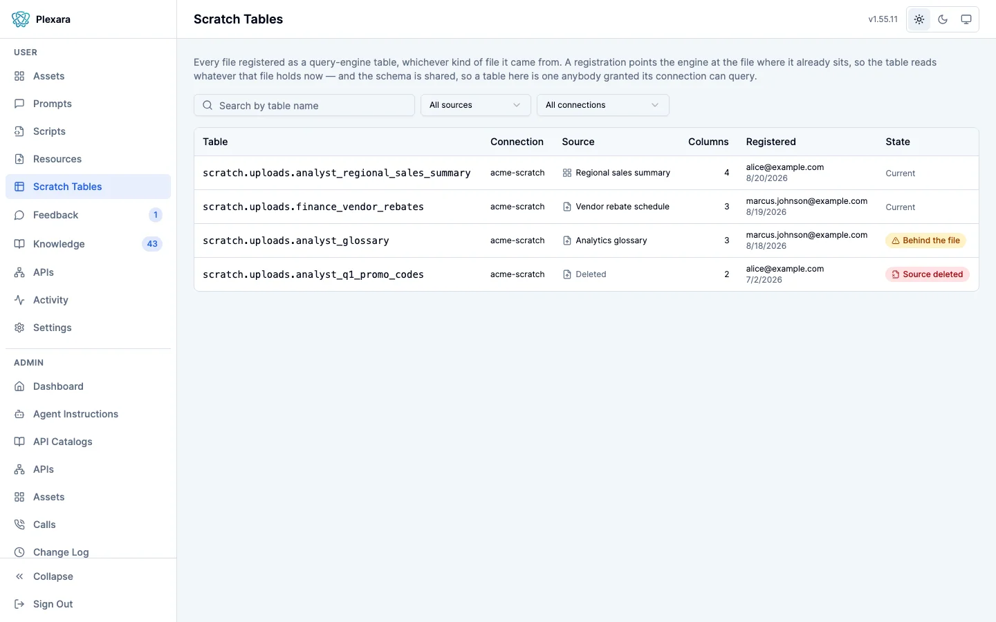 The Scratch Tables page: a search box, facets for connection and kind of file, and a list of registered tables showing each qualified name, connection, source file, column count, registrant, and state.