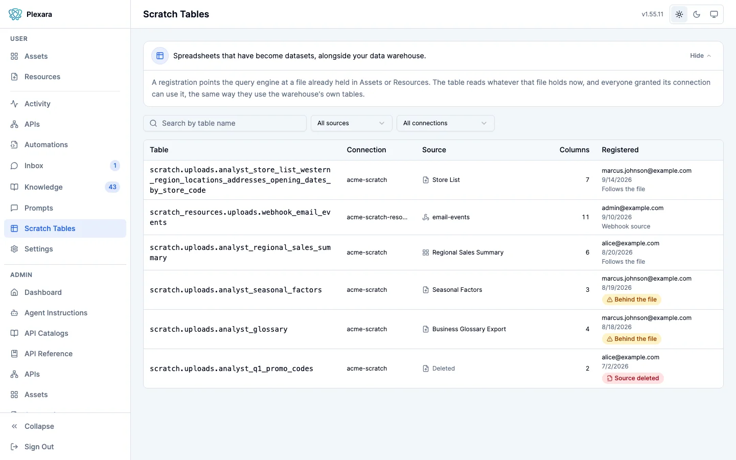 The Scratch Tables page: a search box, facets for connection and kind of file, and a list of registered tables showing each qualified name, connection, source file, column count, registrant, and state.