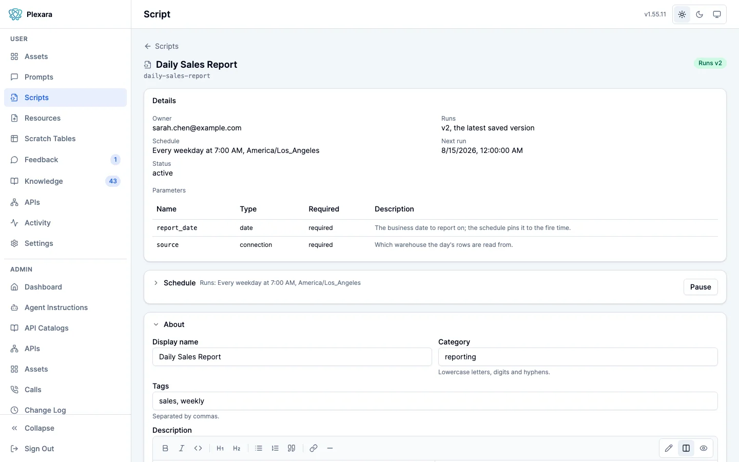 The About section of a script’s page in the portal, showing the rendered markdown description with its display name, category, and tags, and the Edit control that opens all four fields together.