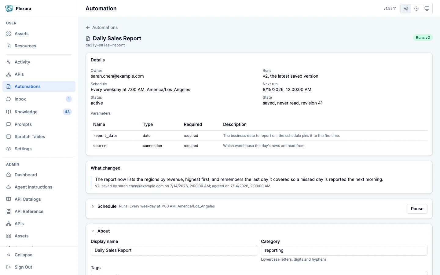 An automation’s page in the portal with the About section open for editing: display name and category fields and the tags below them, under the Details and What changed cards.