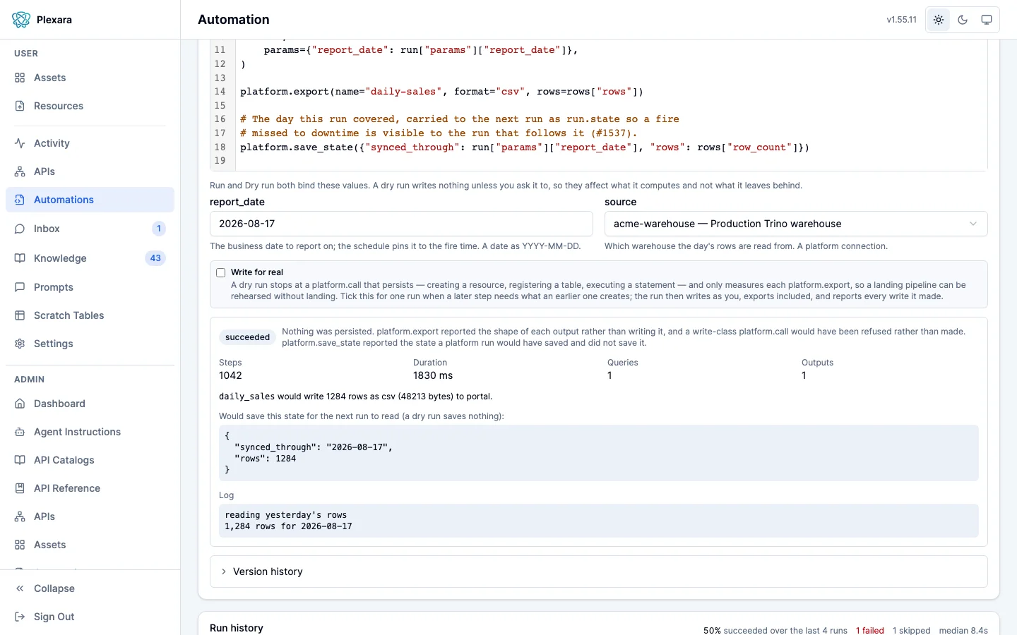 A script’s page in the portal after a dry run: the outcome, the log the script printed, and each output’s format, row count, and size, with nothing written.