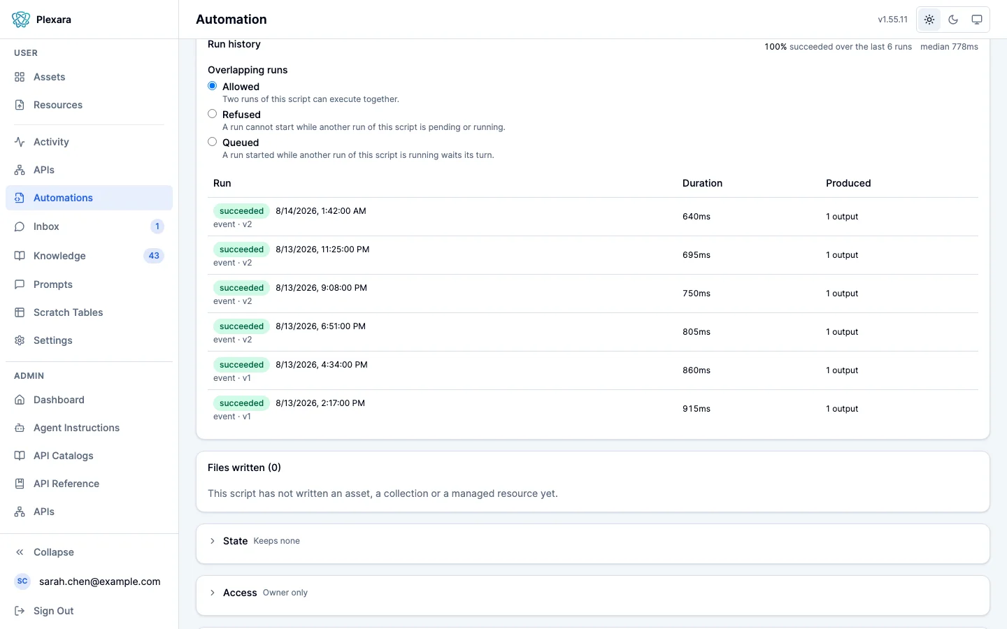 An intake automation's run history: the overlapping runs setting with Allowed, Refused and Queued, and six succeeded runs, each labelled event with the version it ran, its duration and one output.