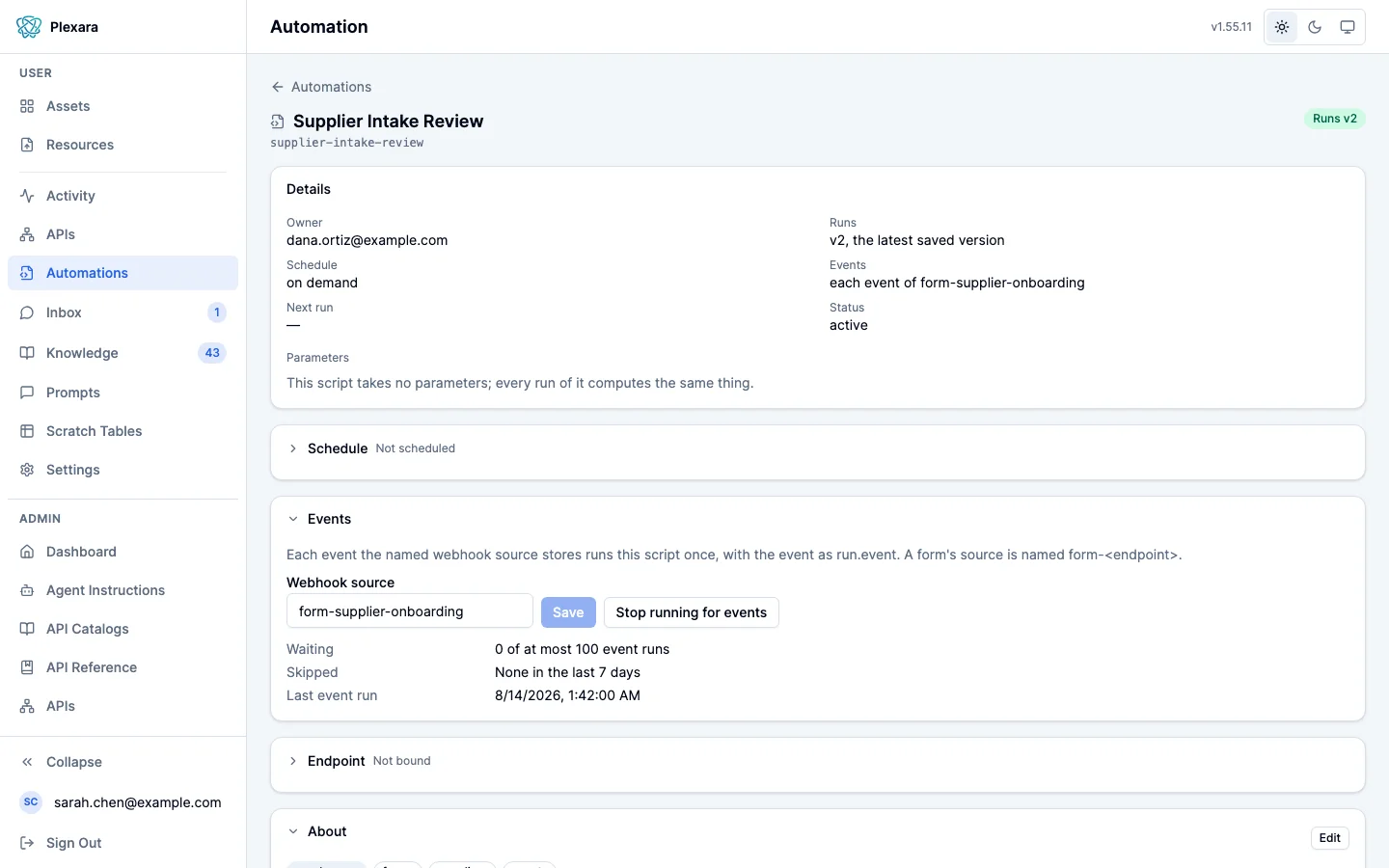 An intake automation's page with its Events section open: an explanation that each event the named webhook source stores runs the script once, the webhook source set to form-supplier-onboarding, Save and Stop running for events, and lines for runs waiting, runs skipped in the last seven days and the last event run.