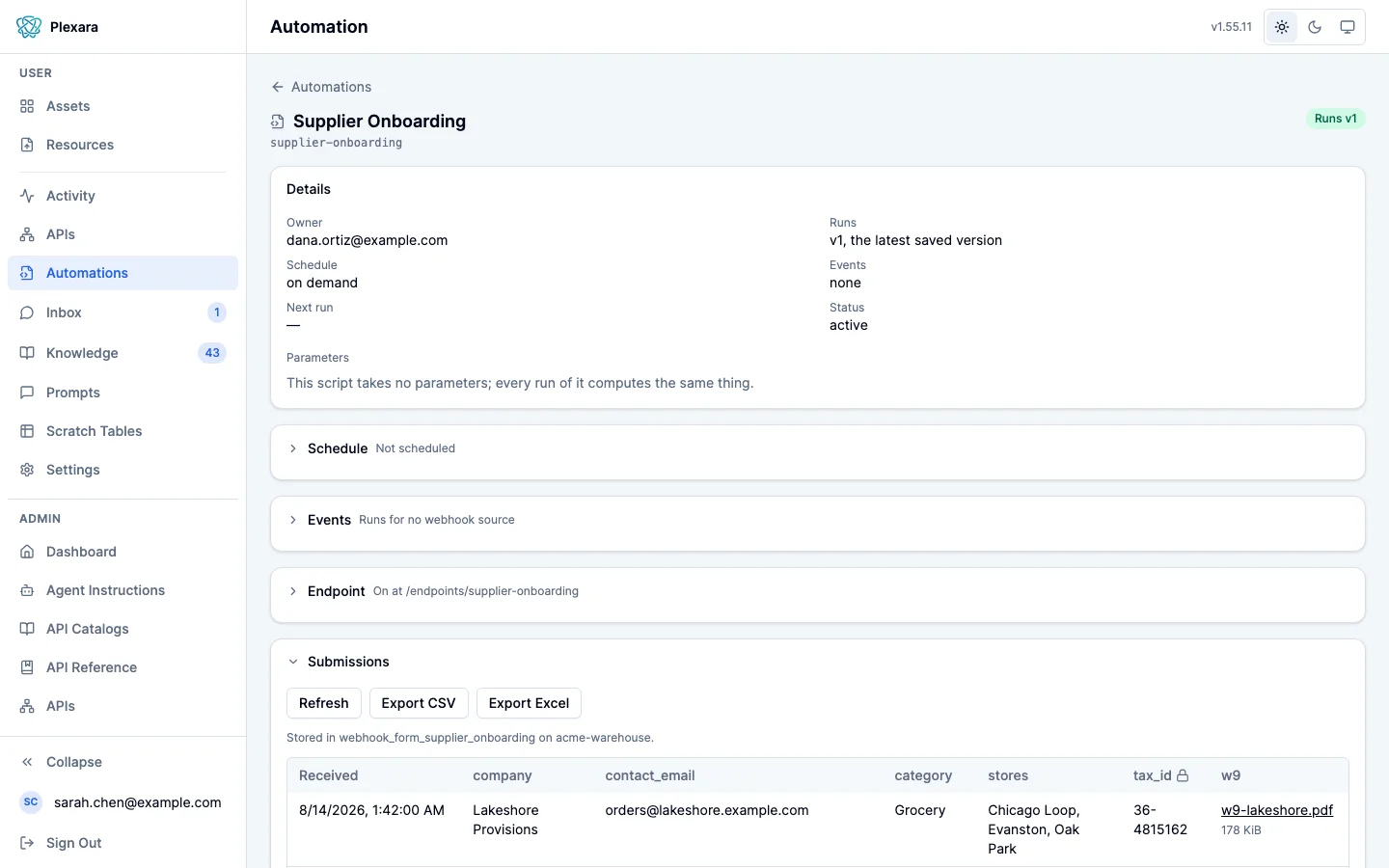 An automation's page in the portal: a Details card with its owner, schedule, events and status, then collapsible Schedule, Events and Endpoint sections, the Endpoint section reading On at /endpoints/supplier-onboarding, and a Submissions section below.