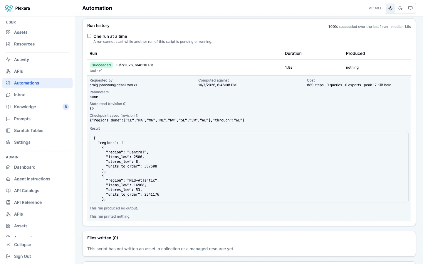 Run history of the ACME demo automation acme-restock-sweep with its succeeded run expanded: requested by, computed against, cost, no parameters, State read (revision 0) as an empty object, Checkpoint saved (revision 1) listing regions_done from CE through WE, and the run’s result with low-stock items and units to order per region.