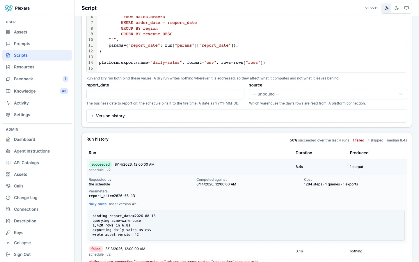 A single run open in the Plexara portal showing its parameters, outputs, and the log the script printed