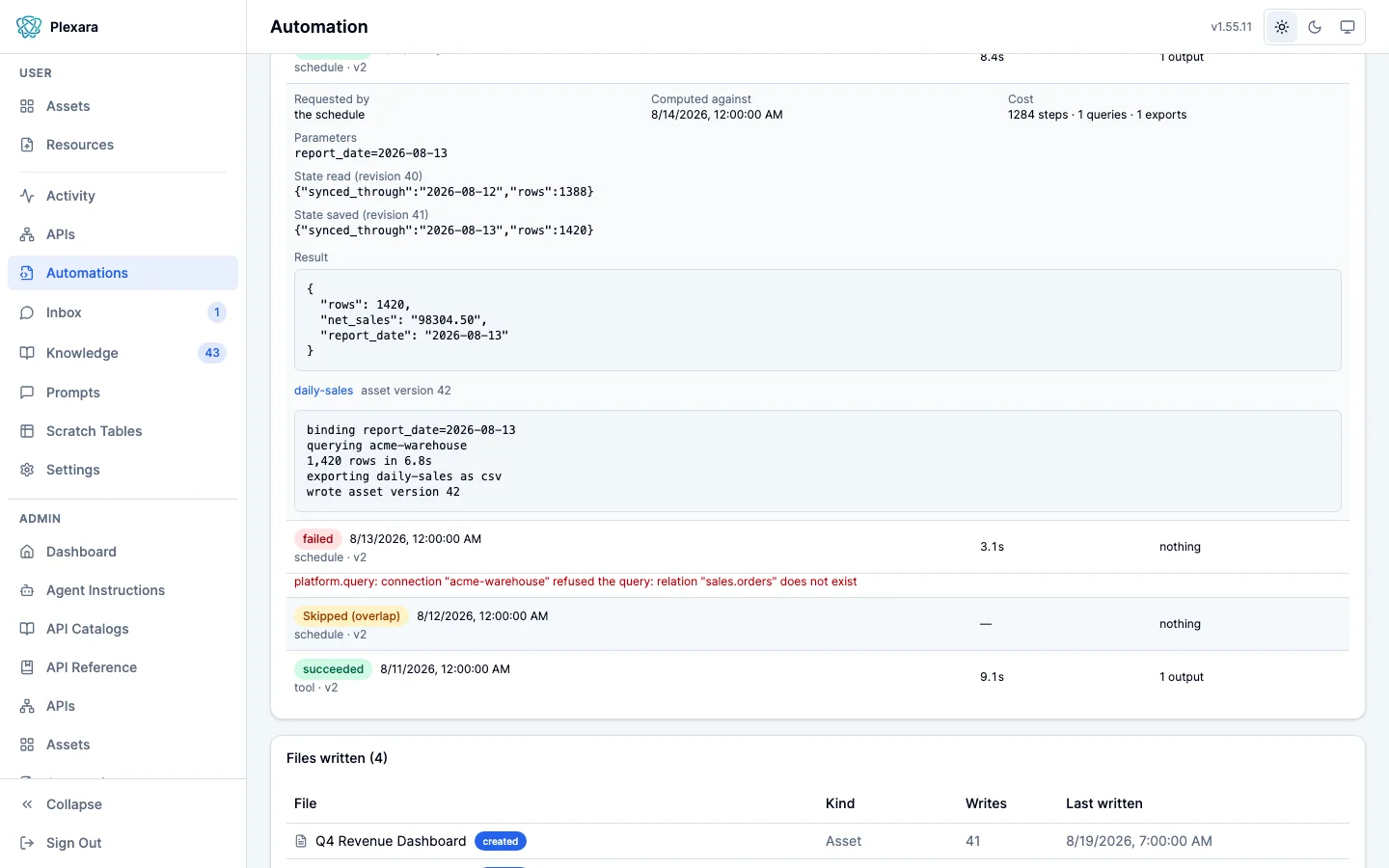 A single run’s page in the portal: the parameters it ran with, its timing, the outputs it wrote with each one linking to the asset version it produced, and the log the script printed.