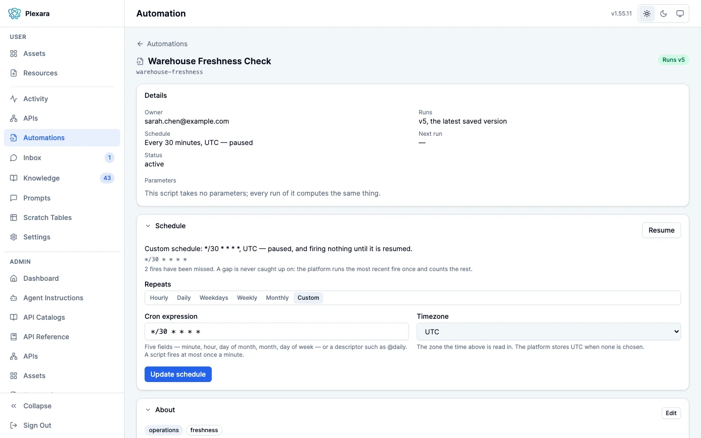The Schedule section of an automation’s page with its schedule paused: a custom every-30-minutes schedule firing nothing until resumed, no next run in the details, a note that two fires were missed, and a Resume control.