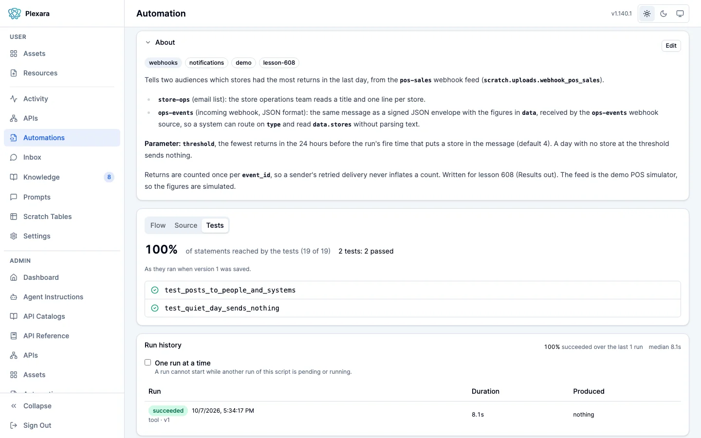The Tests tab of the ACME demo automation acme-returns-alert-608: 100% of statements reached by the tests (19 of 19), 2 tests: 2 passed, as they ran when version 1 was saved, listing test_posts_to_people_and_systems and test_quiet_day_sends_nothing, each with a passing mark.