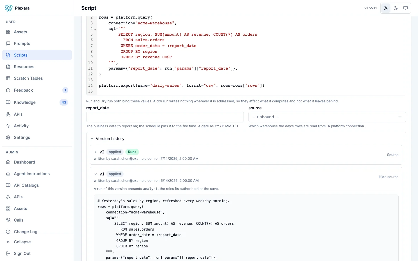 The version history of a script in the portal: each version with its author, when it was saved, and the roles a run of it presents.