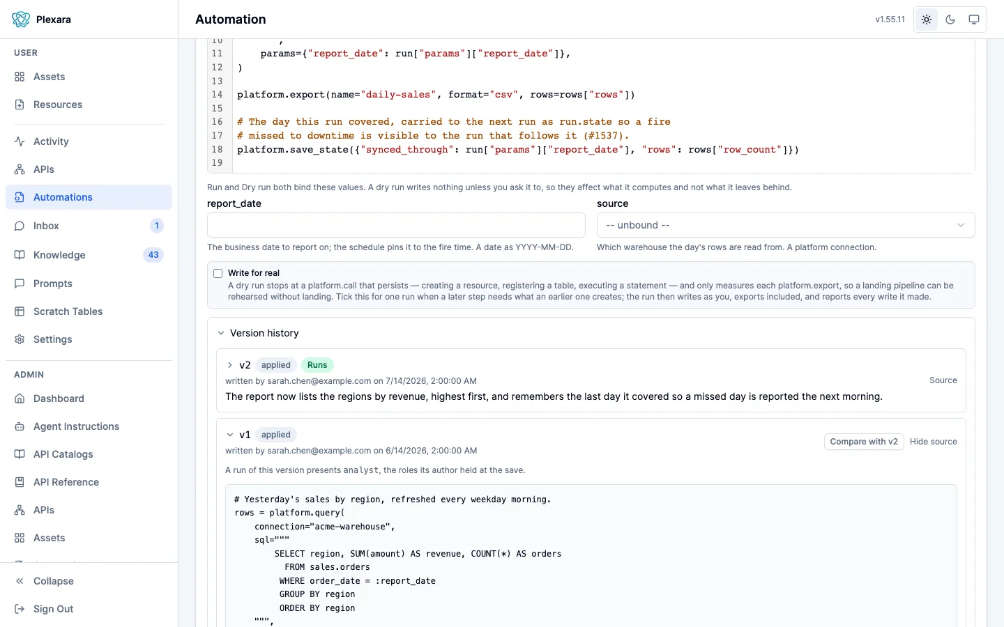 A script’s Version history in the portal: each version with its author and the plain-language summary of what it changed, an older version expanded to show the roles a run of it presents and a Compare with control.