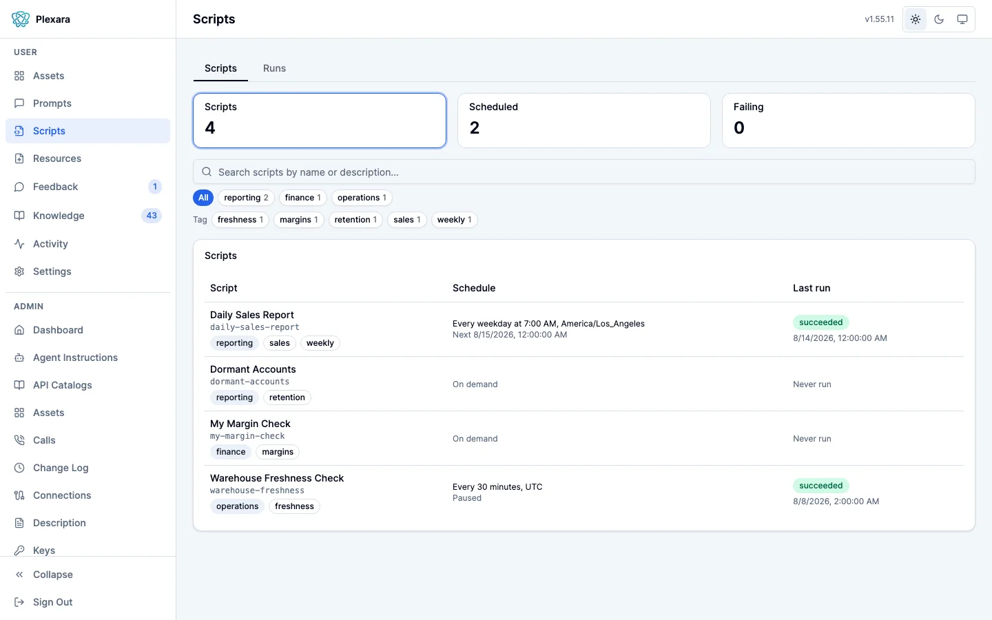 The Scripts page in the Plexara portal listing automations with their schedules, next fires, and how each one's last run ended