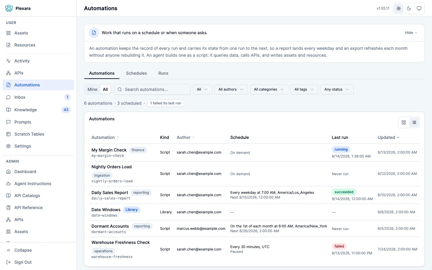 The Automations page in the portal: each automation with its schedule, next fire, and how its last run went, with a count of scheduled automations and last-run failures above the list.