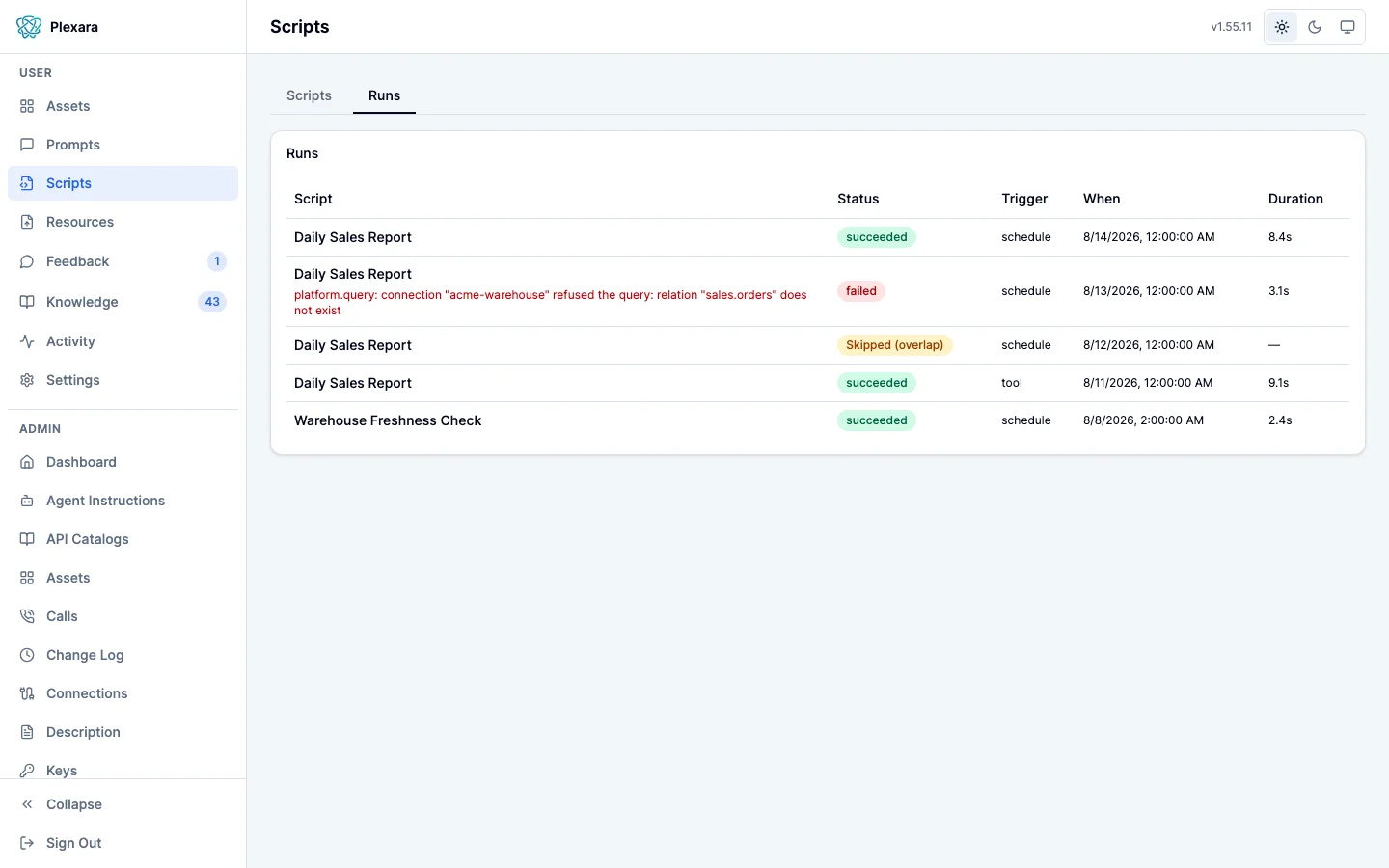 The Runs tab in the Plexara portal listing every run across a user's scripts with trigger, outcome, duration, and failure reasons in the row