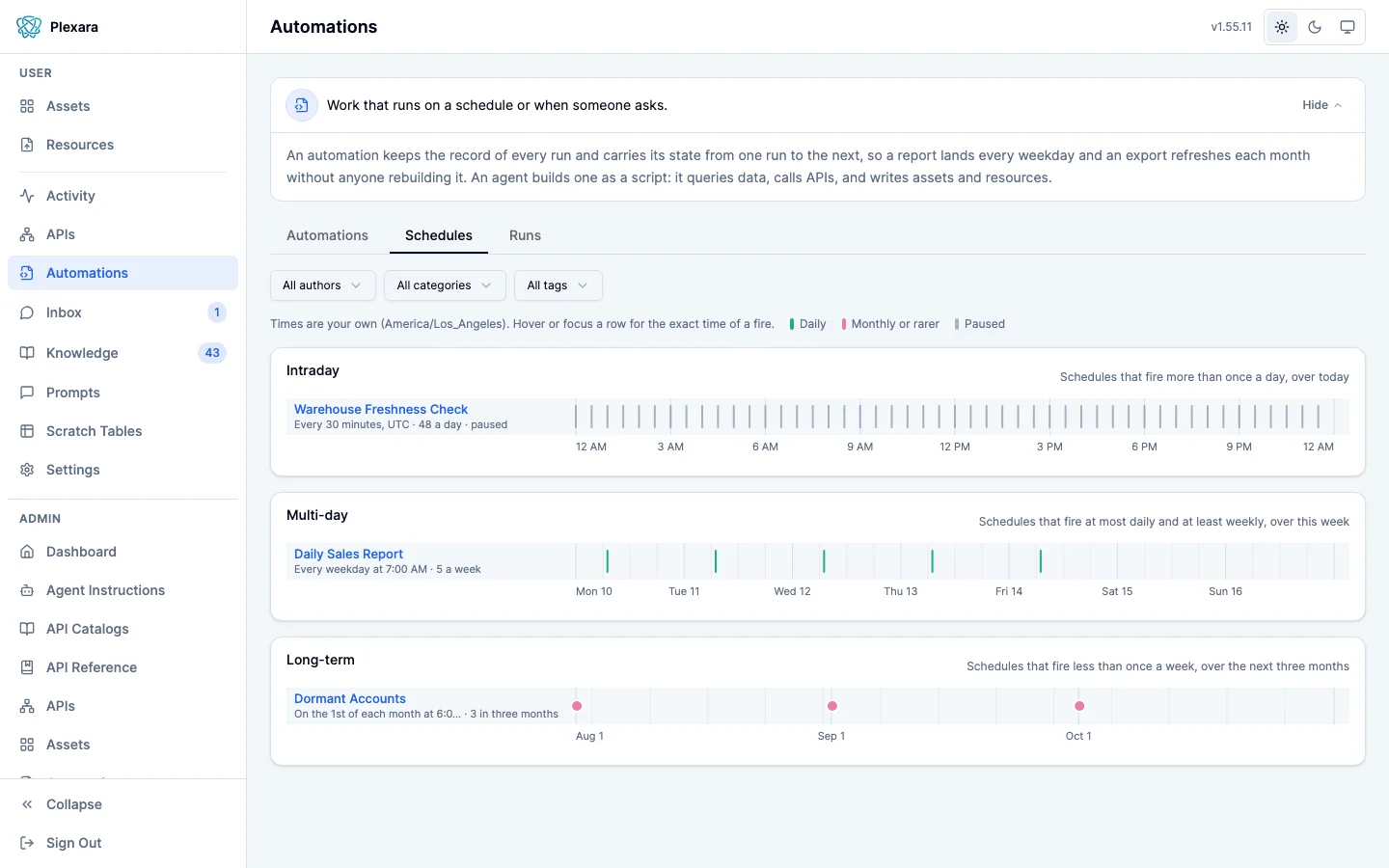 Schedules tab drawing fires in three bands: Intraday with a paused check every 30 minutes, Multi-day with a report every weekday at 7:00 AM, and Long-term with a monthly job on the first of each month
